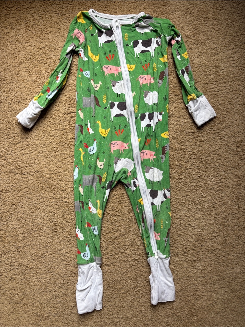 Little Sleepies Green Farm Animal Zipper Footie with White Trim